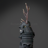 Sanada Yukimura All Black Samurai Armor Tosei Gusoku Style Deer Horn Wakidate Menpo With Beard All Black Scales and Cords