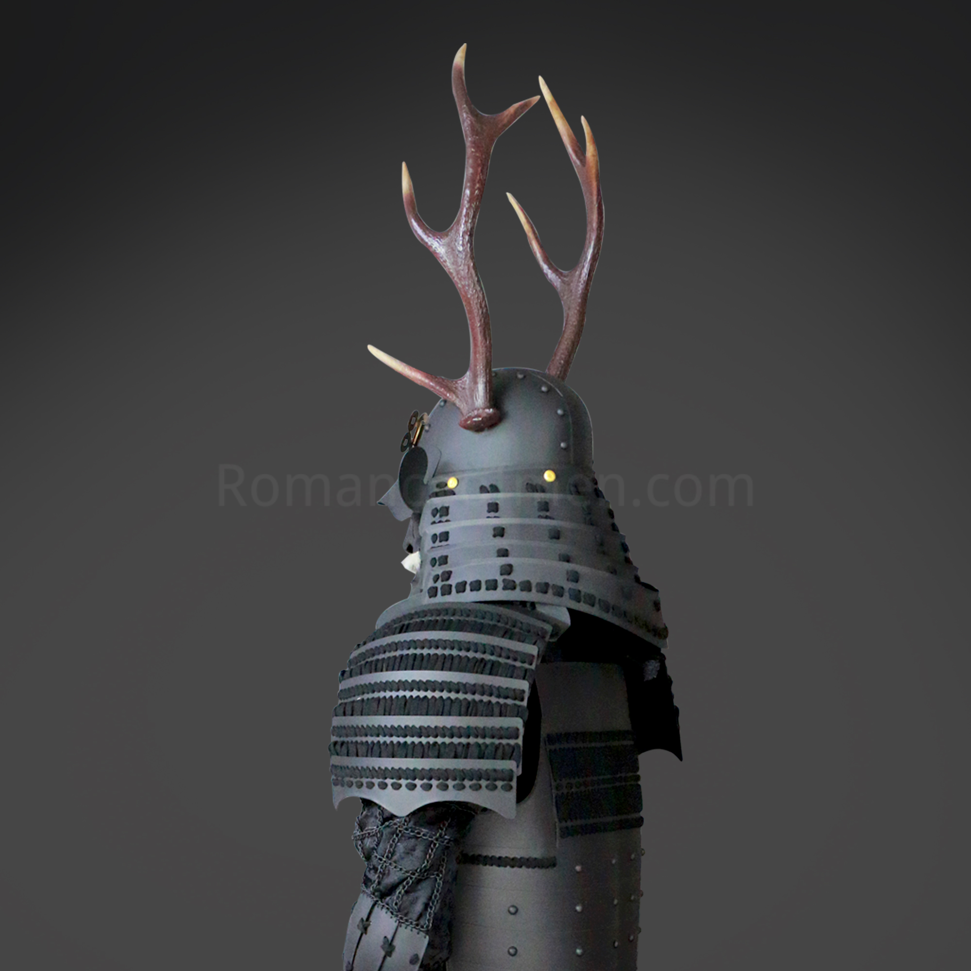 Sanada Yukimura All Black Samurai Armor Tosei Gusoku Style Deer Horn Wakidate Menpo With Beard All Black Scales and Cords