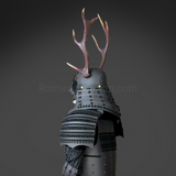 Sanada Yukimura All Black Samurai Armor Tosei Gusoku Style Deer Horn Wakidate Menpo With Beard All Black Scales and Cords