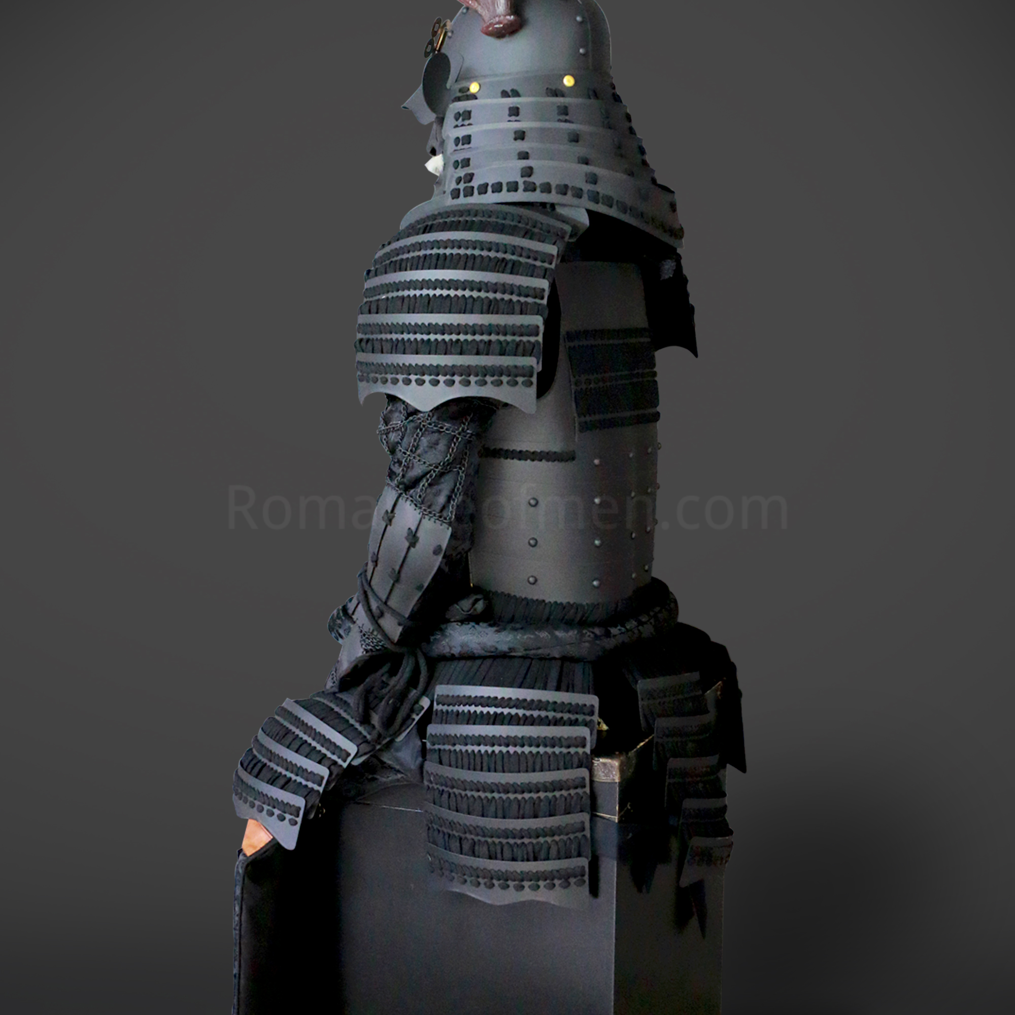 Sanada Yukimura All Black Samurai Armor Tosei Gusoku Style Deer Horn Wakidate Menpo With Beard All Black Scales and Cords