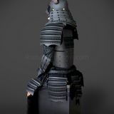 Sanada Yukimura All Black Samurai Armor Tosei Gusoku Style Deer Horn Wakidate Menpo With Beard All Black Scales and Cords