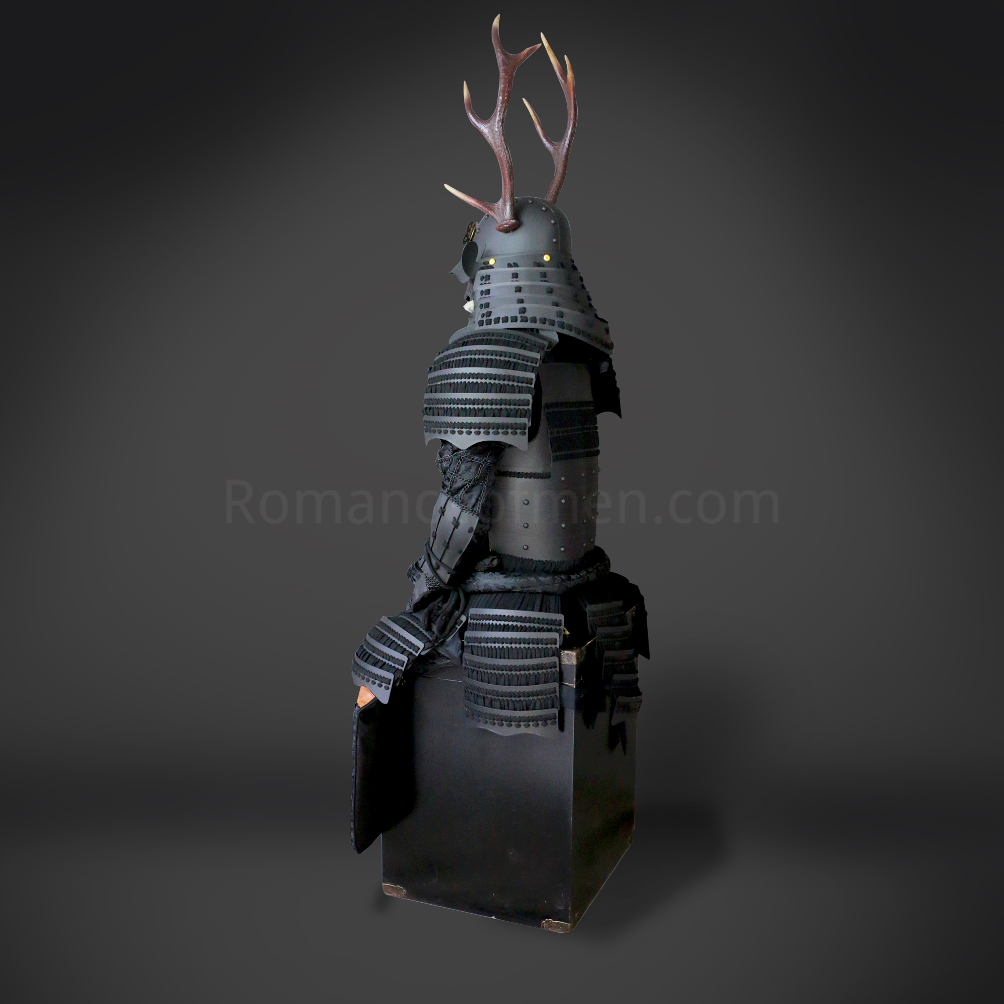 Sanada Yukimura All Black Samurai Armor Tosei Gusoku Style Deer Horn Wakidate Menpo With Beard All Black Scales and Cords