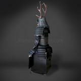 Sanada Yukimura All Black Samurai Armor Tosei Gusoku Style Deer Horn Wakidate Menpo With Beard All Black Scales and Cords