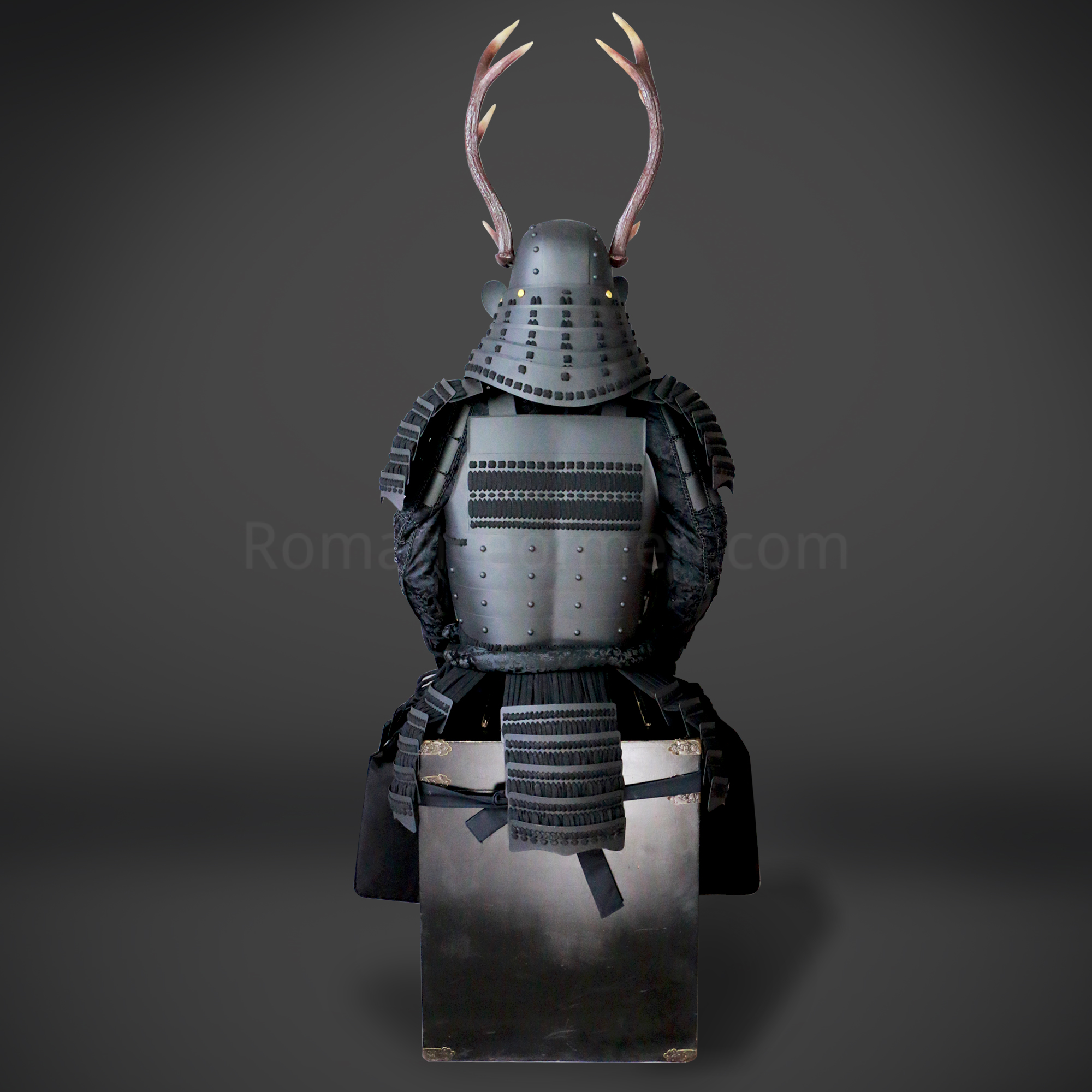 Sanada Yukimura All Black Samurai Armor Tosei Gusoku Style Deer Horn Wakidate Menpo With Beard All Black Scales and Cords