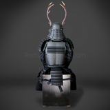 Sanada Yukimura All Black Samurai Armor Tosei Gusoku Style Deer Horn Wakidate Menpo With Beard All Black Scales and Cords