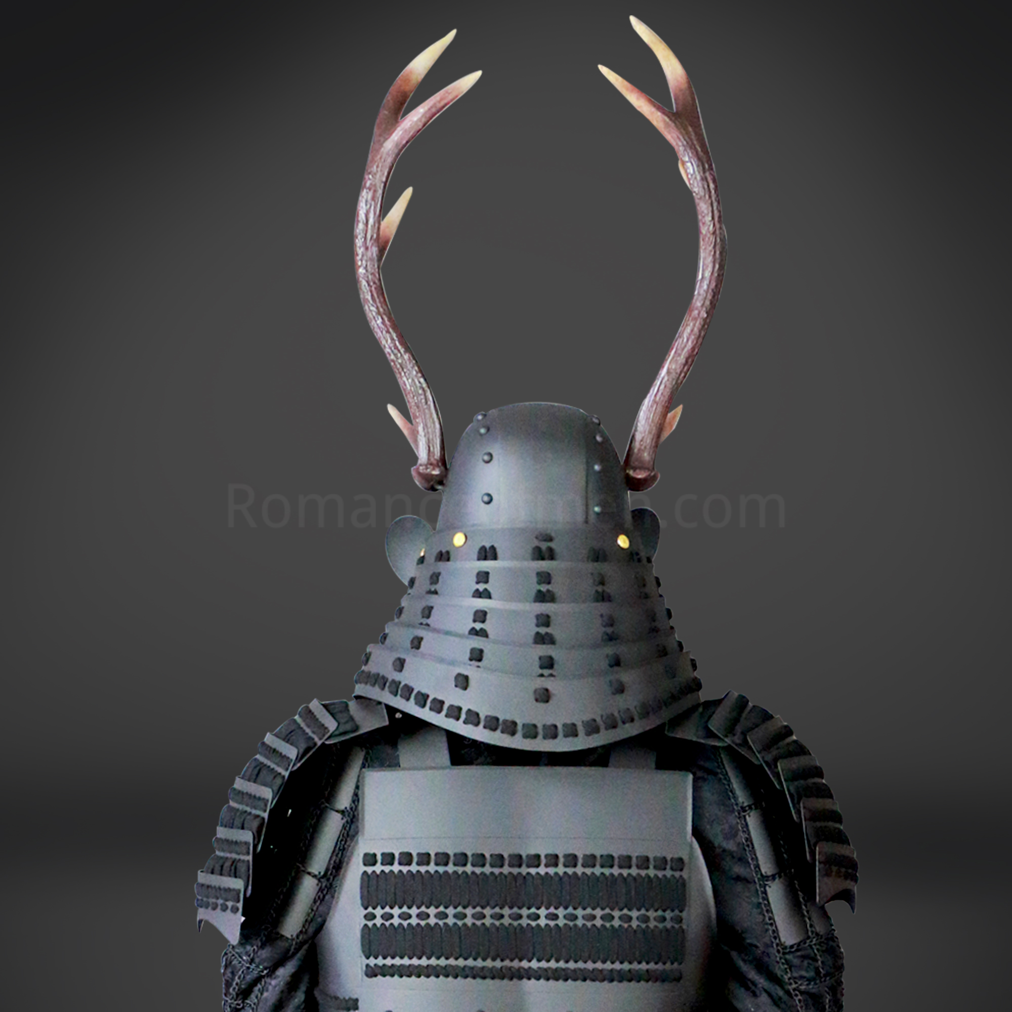 Sanada Yukimura All Black Samurai Armor Tosei Gusoku Style Deer Horn Wakidate Menpo With Beard All Black Scales and Cords