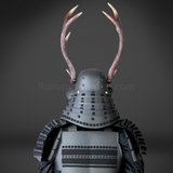 Sanada Yukimura All Black Samurai Armor Tosei Gusoku Style Deer Horn Wakidate Menpo With Beard All Black Scales and Cords