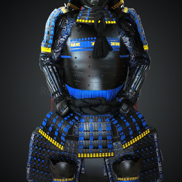 Nabeshima Naoshige Black & Blue Samurai Armor Tosei Gusoku Style Circle Maedate All Black Scales with Blue Cords