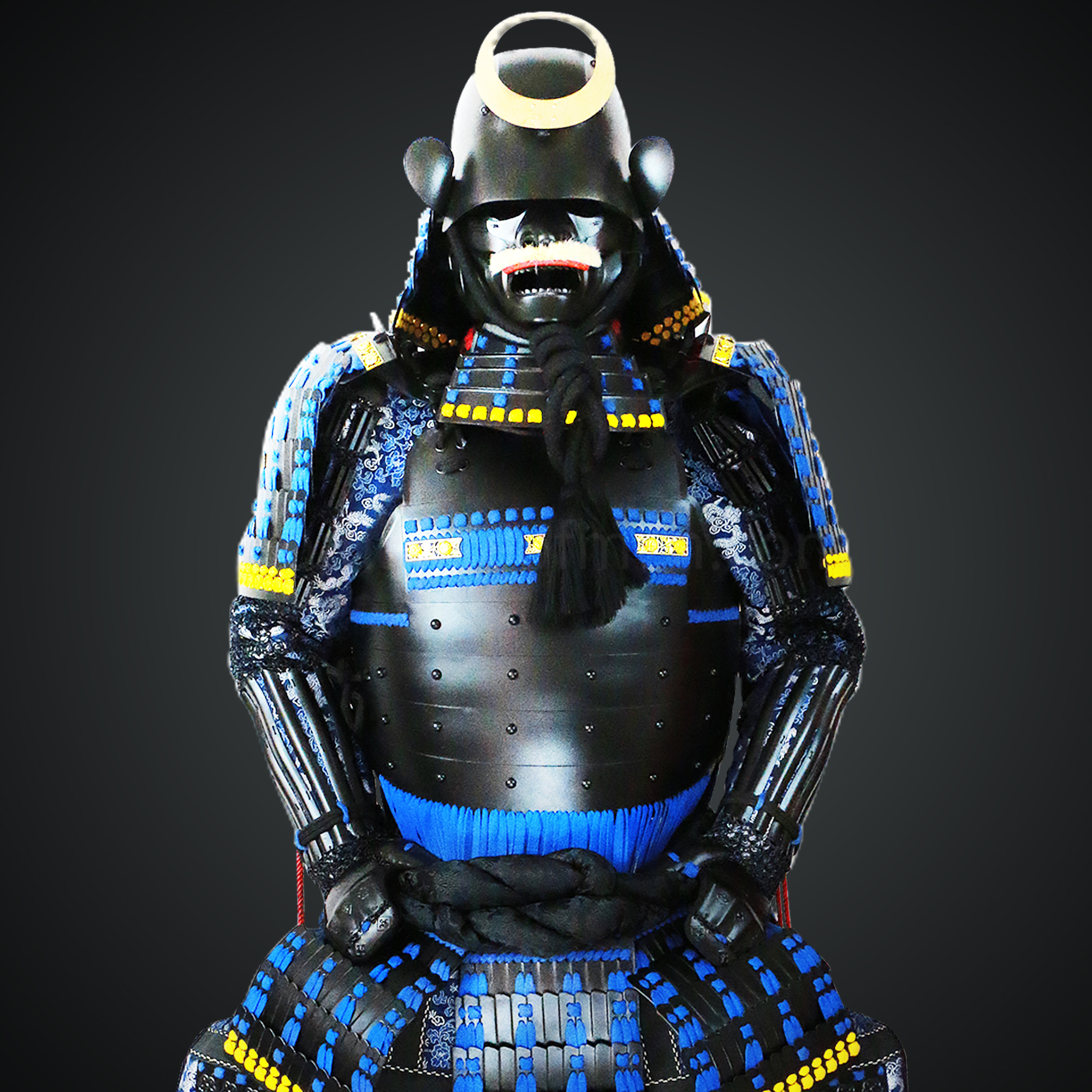 Nabeshima Naoshige Black & Blue Samurai Armor Tosei Gusoku Style Circle Maedate All Black Scales with Blue Cords