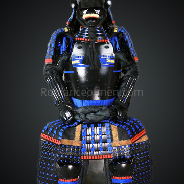 Toki Yoritsugu Black & Blue Samurai Armor Tosei Gusoku Style Demon Maedate With Hair Kabuto Black Kozane With Blue Cords