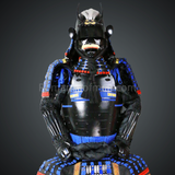 Toki Yoritsugu Black & Blue Samurai Armor Tosei Gusoku Style Demon Maedate With Hair Kabuto Black Kozane With Blue Cords