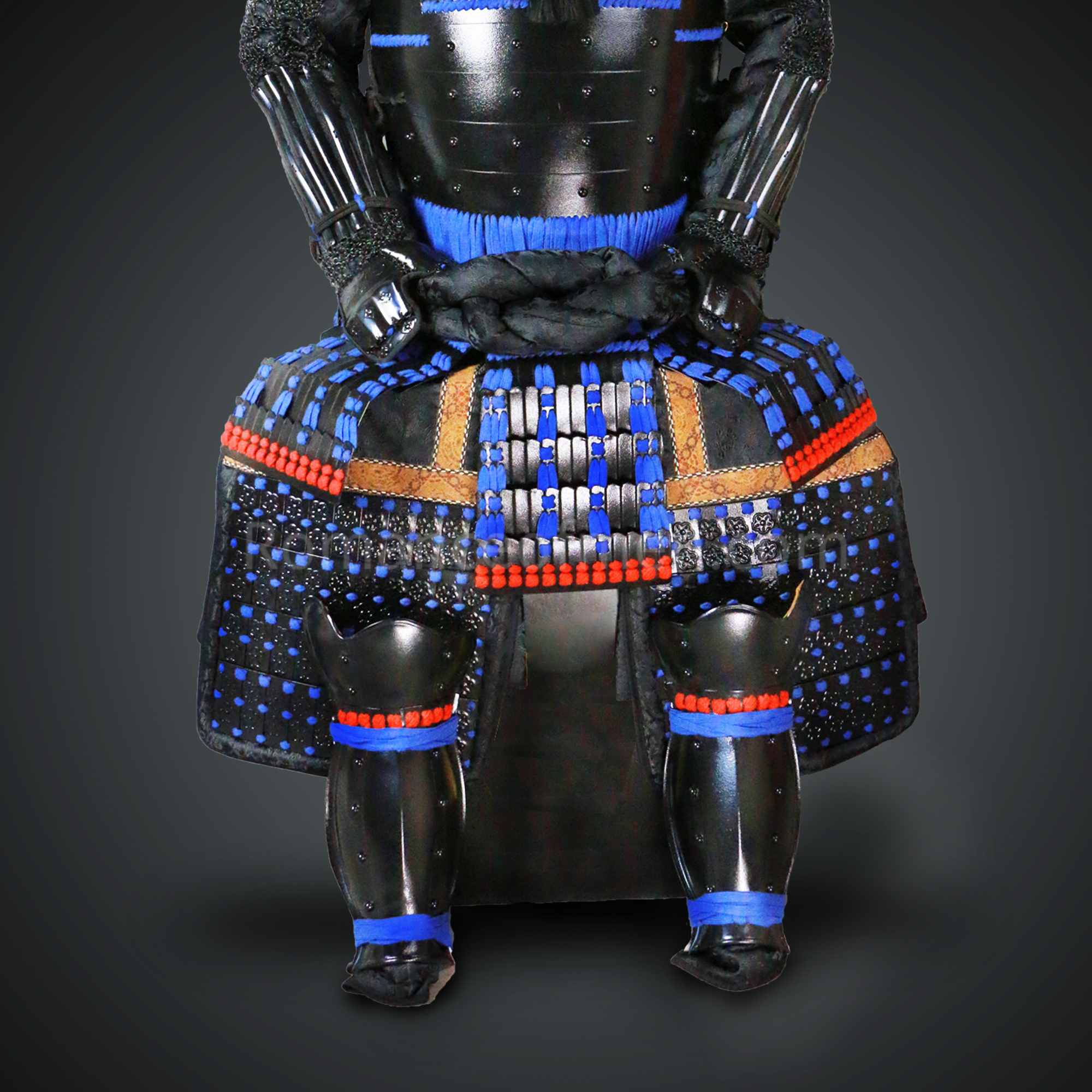 Toki Yoritsugu Black & Blue Samurai Armor Tosei Gusoku Style Demon Maedate With Hair Kabuto Black Kozane With Blue Cords