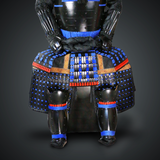 Toki Yoritsugu Black & Blue Samurai Armor Tosei Gusoku Style Demon Maedate With Hair Kabuto Black Kozane With Blue Cords
