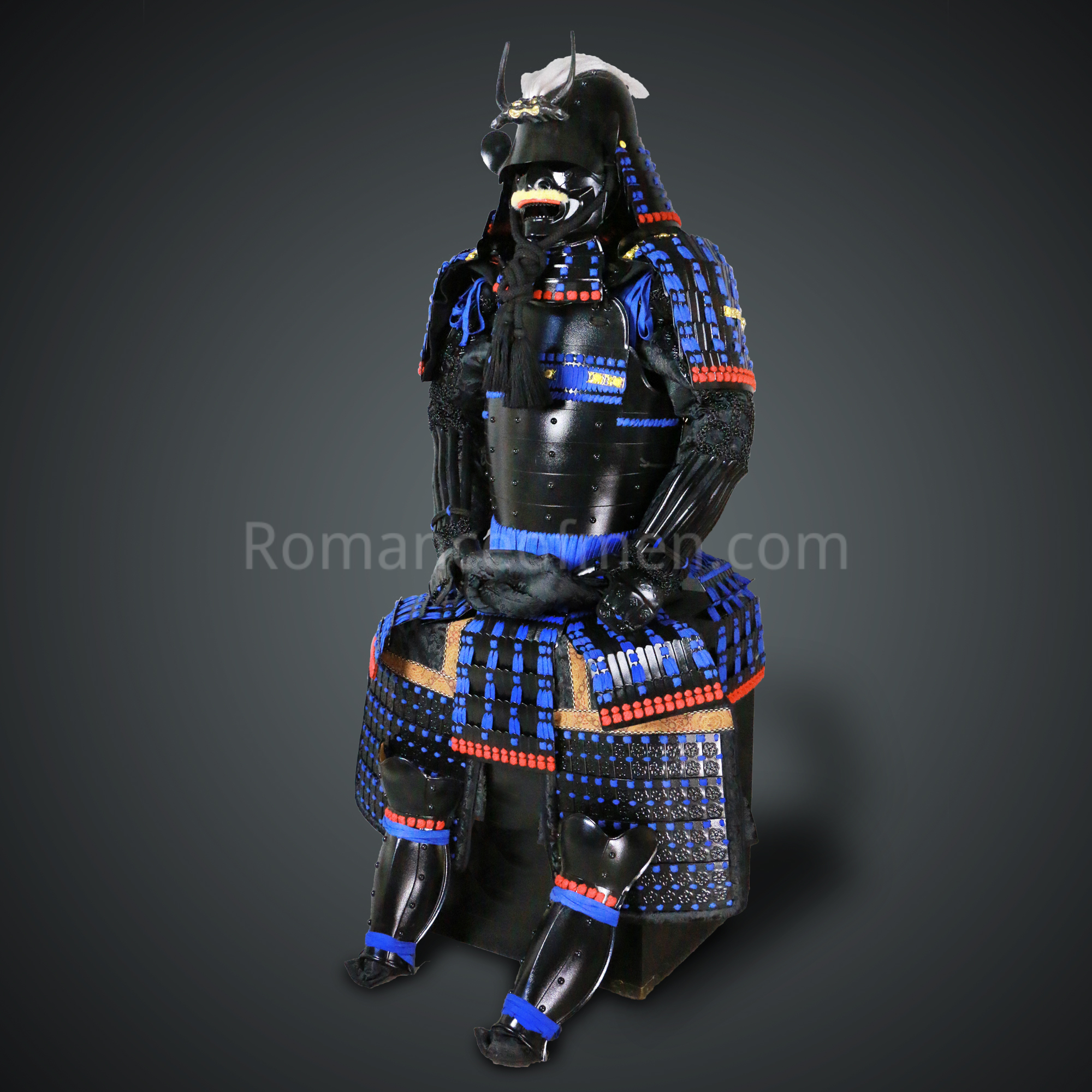 Toki Yoritsugu Black & Blue Samurai Armor Tosei Gusoku Style Demon Maedate With Hair Kabuto Black Kozane With Blue Cords