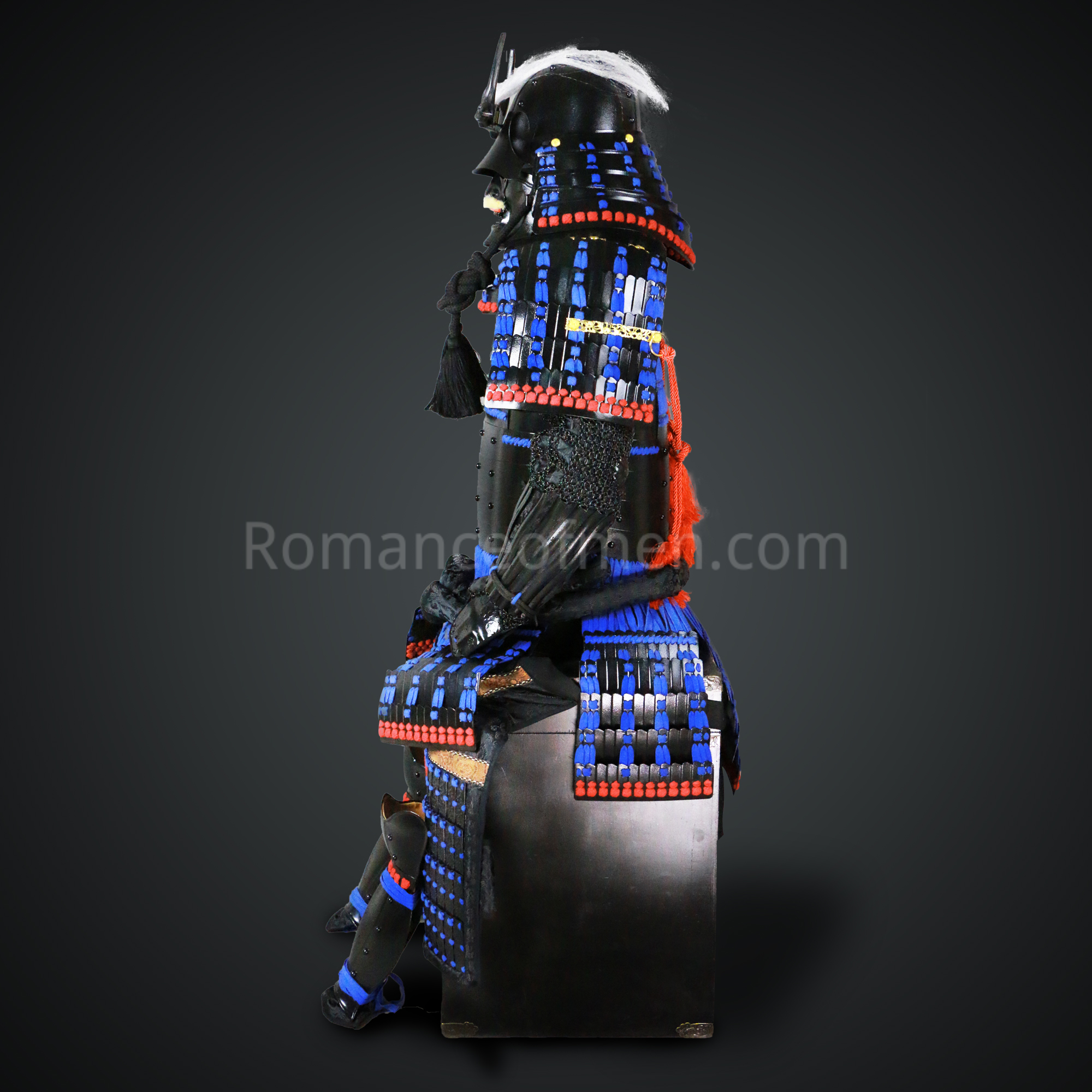 Toki Yoritsugu Black & Blue Samurai Armor Tosei Gusoku Style Demon Maedate With Hair Kabuto Black Kozane With Blue Cords