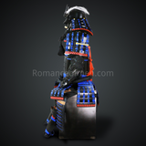Toki Yoritsugu Black & Blue Samurai Armor Tosei Gusoku Style Demon Maedate With Hair Kabuto Black Kozane With Blue Cords