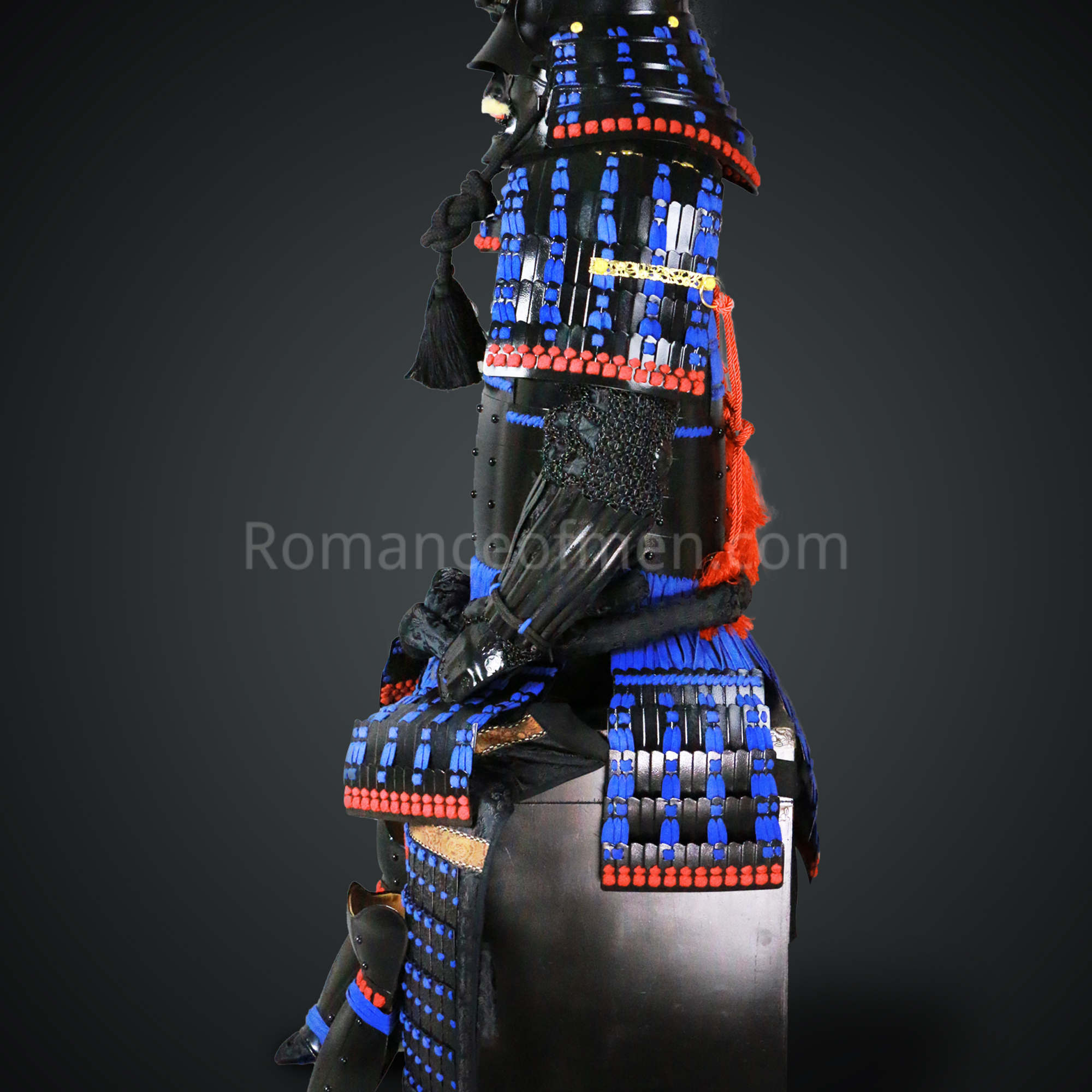Toki Yoritsugu Black & Blue Samurai Armor Tosei Gusoku Style Demon Maedate With Hair Kabuto Black Kozane With Blue Cords