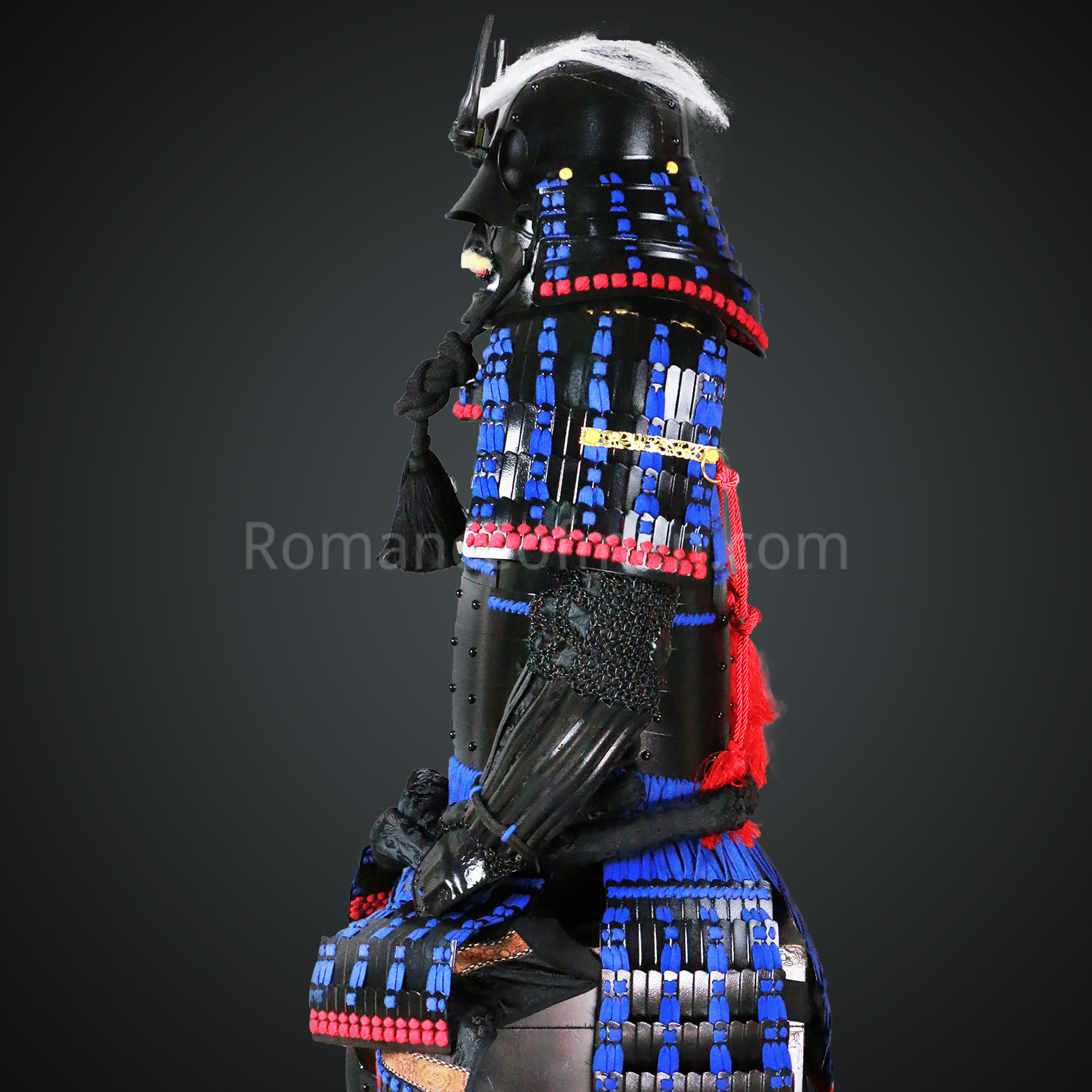 Toki Yoritsugu Black & Blue Samurai Armor Tosei Gusoku Style Demon Maedate With Hair Kabuto Black Kozane With Blue Cords