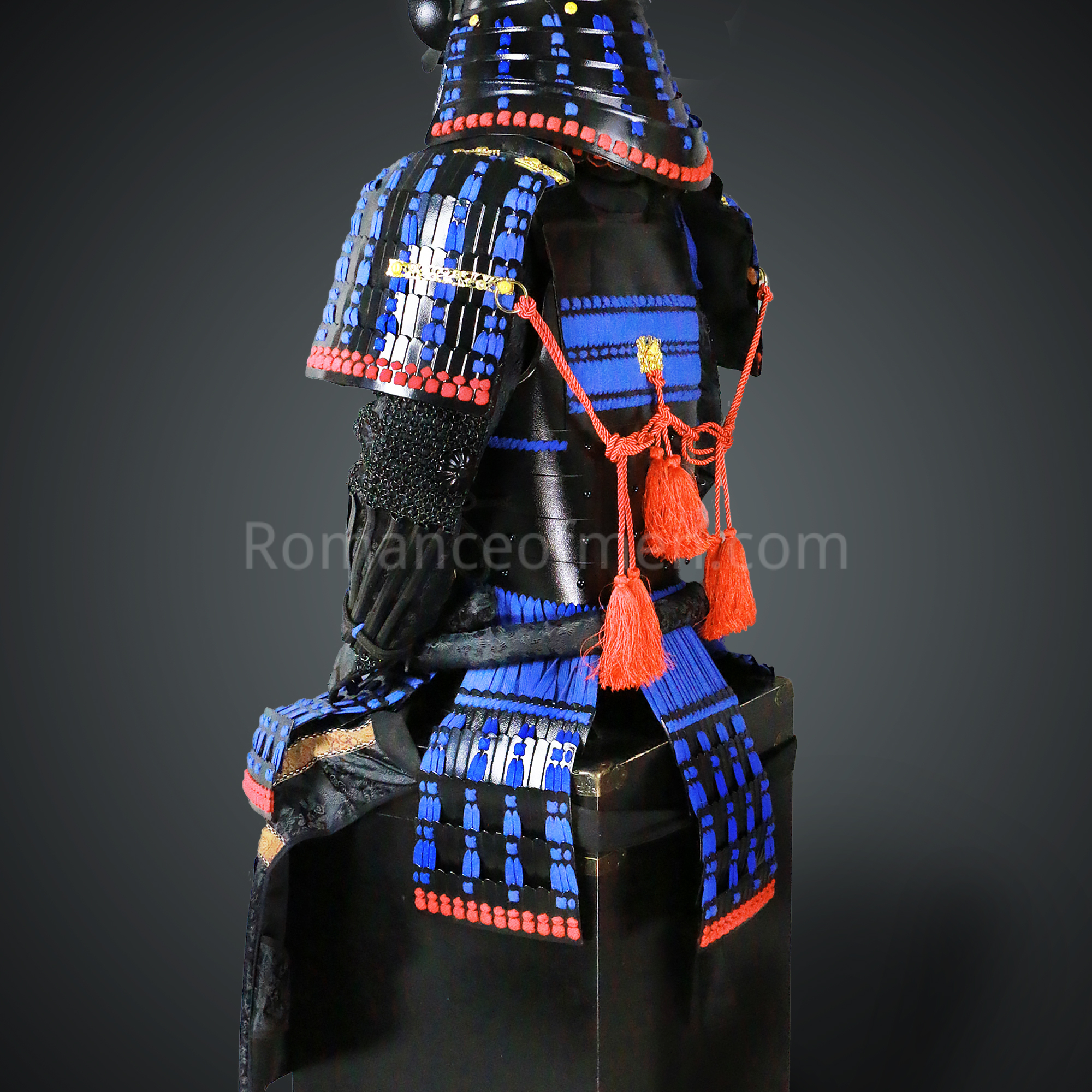 Toki Yoritsugu Black & Blue Samurai Armor Tosei Gusoku Style Demon Maedate With Hair Kabuto Black Kozane With Blue Cords
