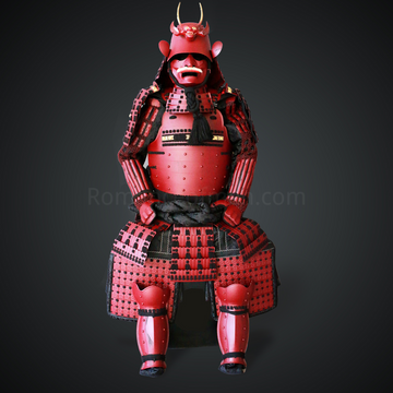 Fukushima Masanori All Red Samurai Armor Tosei Gusoku Style Demon Maedate Menpo with beard Red scales with Black cords