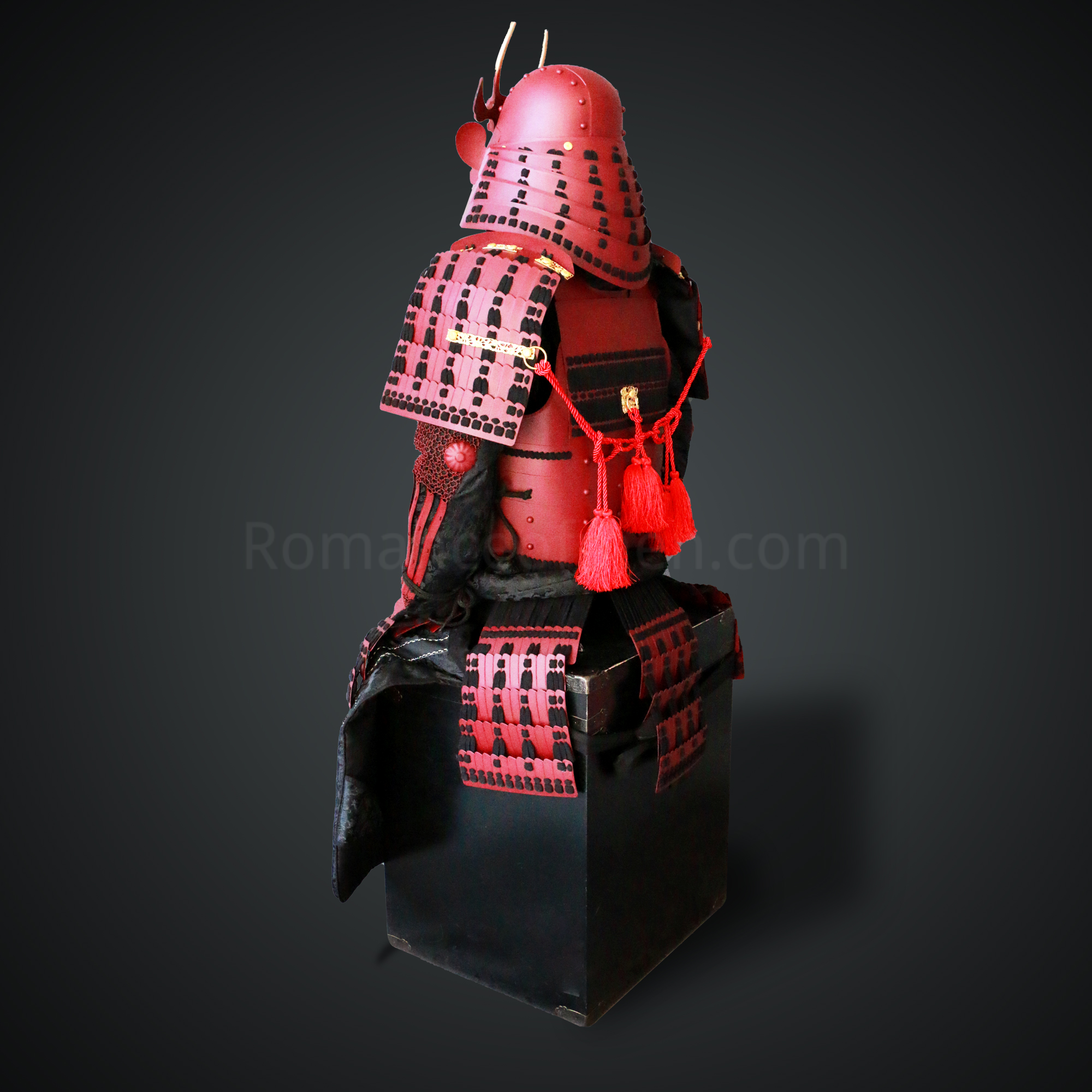 Fukushima Masanori All Red Samurai Armor Tosei Gusoku Style Demon Maedate Menpo with beard Red scales with Black cords
