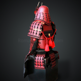 Fukushima Masanori All Red Samurai Armor Tosei Gusoku Style Demon Maedate Menpo with beard Red scales with Black cords