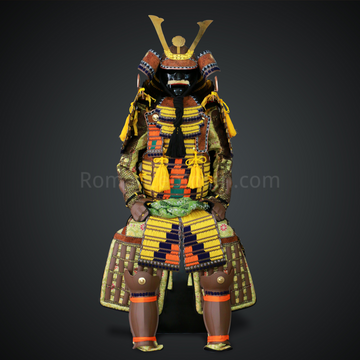Mōri Motonari Yellow & Brown Samurai Armor Oyoroi Style Kamon Maedate Brown Scales With Yellow Cords