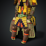 Mōri Motonari Yellow & Brown Samurai Armor Oyoroi Style Kamon Maedate Brown Scales With Yellow Cords