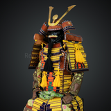 Mōri Motonari Yellow & Brown Samurai Armor Oyoroi Style Kamon Maedate Brown Scales With Yellow Cords