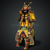 Mōri Motonari Yellow & Brown Samurai Armor Oyoroi Style Kamon Maedate Brown Scales With Yellow Cords