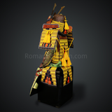 Mōri Motonari Yellow & Brown Samurai Armor Oyoroi Style Kamon Maedate Brown Scales With Yellow Cords