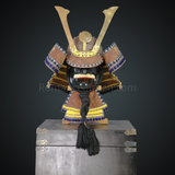 Mōri Motonari Yellow & Brown Samurai Armor Oyoroi Style Kamon Maedate Brown Scales With Yellow Cords