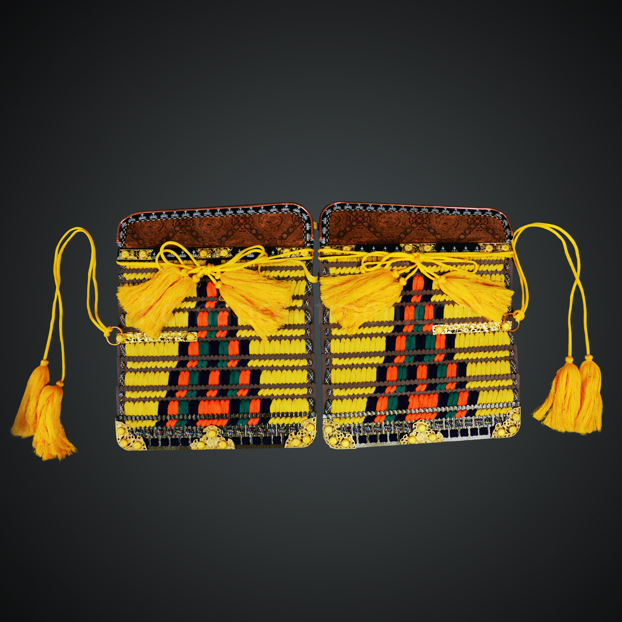 Mōri Motonari Yellow & Brown Samurai Armor Oyoroi Style Kamon Maedate Brown Scales With Yellow Cords