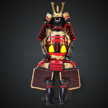 Shimazu Yoshihisa Red & Yellow Samurai Armor Oyoroi Style Dragon Maedate Black Scales and Red Cords