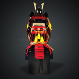 Shimazu Yoshihisa Red & Yellow Samurai Armor Oyoroi Style Dragon Maedate Black Scales and Red Cords