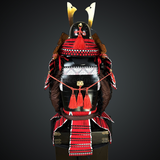 Black & Red Samurai armor Oyoroi style Kamon Maedate Black armor color with Kamon on Chest mixed with Red cords