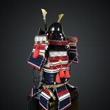 Black and white Samurai Armor Oyoroi Style Kamon Kuwagata Maedate Menpo with Beard Black Armor color with white red blue cords
