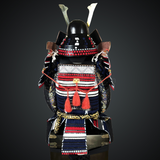 Black and white Samurai Armor Oyoroi Style Kamon Kuwagata Maedate Menpo with Beard Black Armor color with white red blue cords
