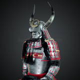 Sanada Masayuki Silver and Black Samurai Armor Tosei Gusoku Style Buffalo Horn Wakidate Circle Maedate Silver Scales with Red Cords