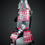 Sanada Masayuki Silver and Black Samurai Armor Tosei Gusoku Style Buffalo Horn Wakidate Circle Maedate Silver Scales with Red Cords