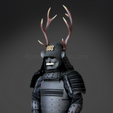 Sanada Yukimura All Black Samurai Armor Tosei Gusoku Style Deer Horn Wakidate Menpo With Beard All Black Scales and Cords