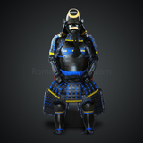 Nabeshima Naoshige Black & Blue Samurai Armor Tosei Gusoku Style Circle Maedate All Black Scales with Blue Cords