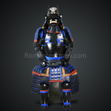 Toki Yoritsugu Black & Blue Samurai Armor Tosei Gusoku Style Demon Maedate With Hair Kabuto Black Kozane With Blue Cords