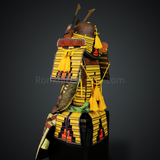 Mōri Motonari Yellow & Brown Samurai Armor Oyoroi Style Kamon Maedate Brown Scales With Yellow Cords