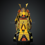Mōri Motonari Yellow & Brown Samurai Armor Oyoroi Style Kamon Maedate Brown Scales With Yellow Cords
