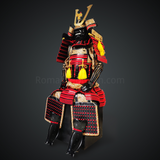 Shimazu Yoshihisa Red & Yellow Samurai Armor Oyoroi Style Dragon Maedate Black Scales and Red Cords