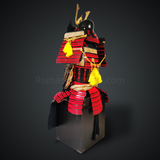 Shimazu Yoshihisa Red & Yellow Samurai Armor Oyoroi Style Dragon Maedate Black Scales and Red Cords